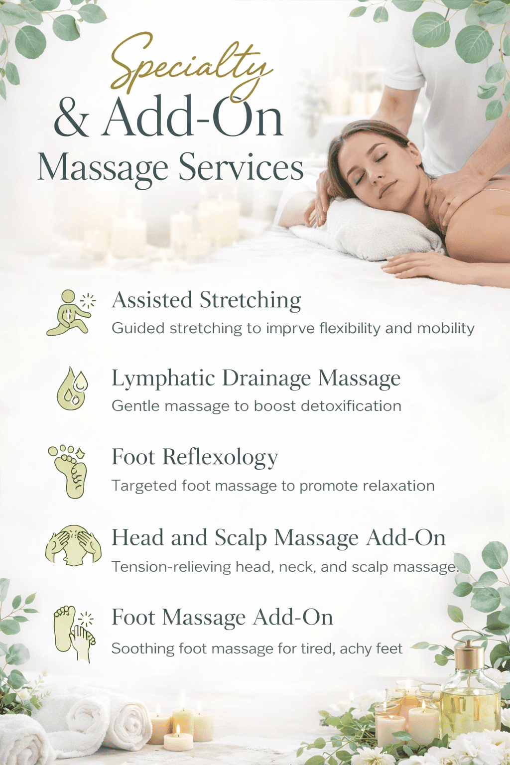Massage services list with descriptions, featuring a relaxing spa setting and a person receiving a massage.