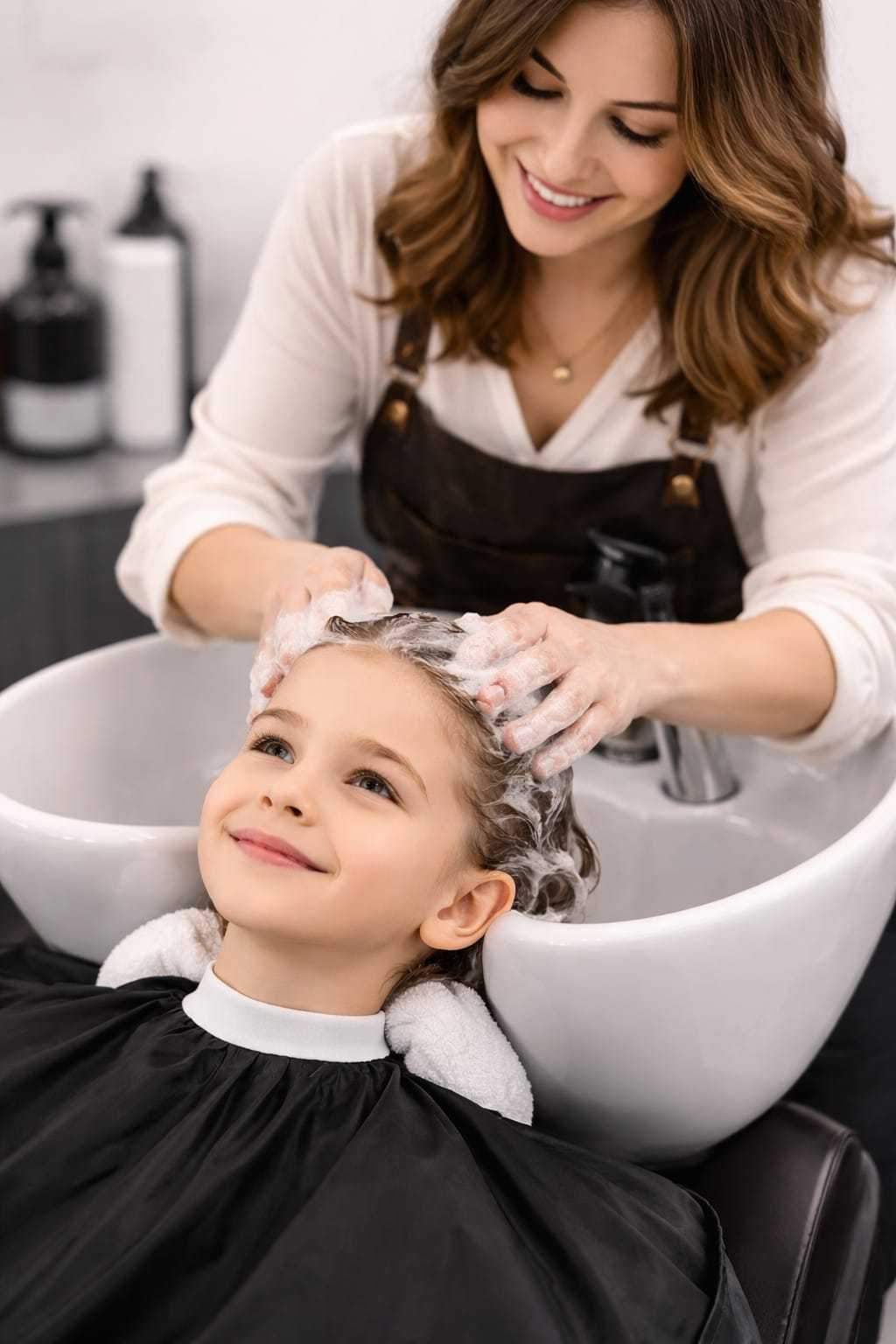 Child enjoying hair wash at salon with smiling stylist.