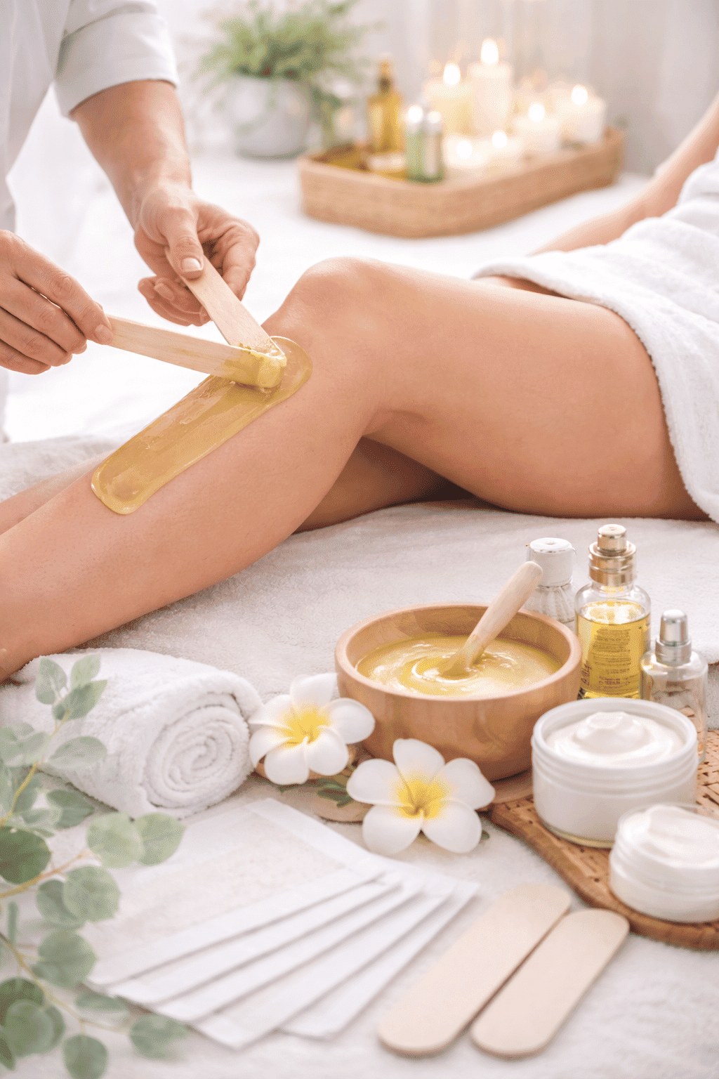 Spa treatment scene with leg waxing. Oils, creams, and flowers enhance the serene atmosphere.