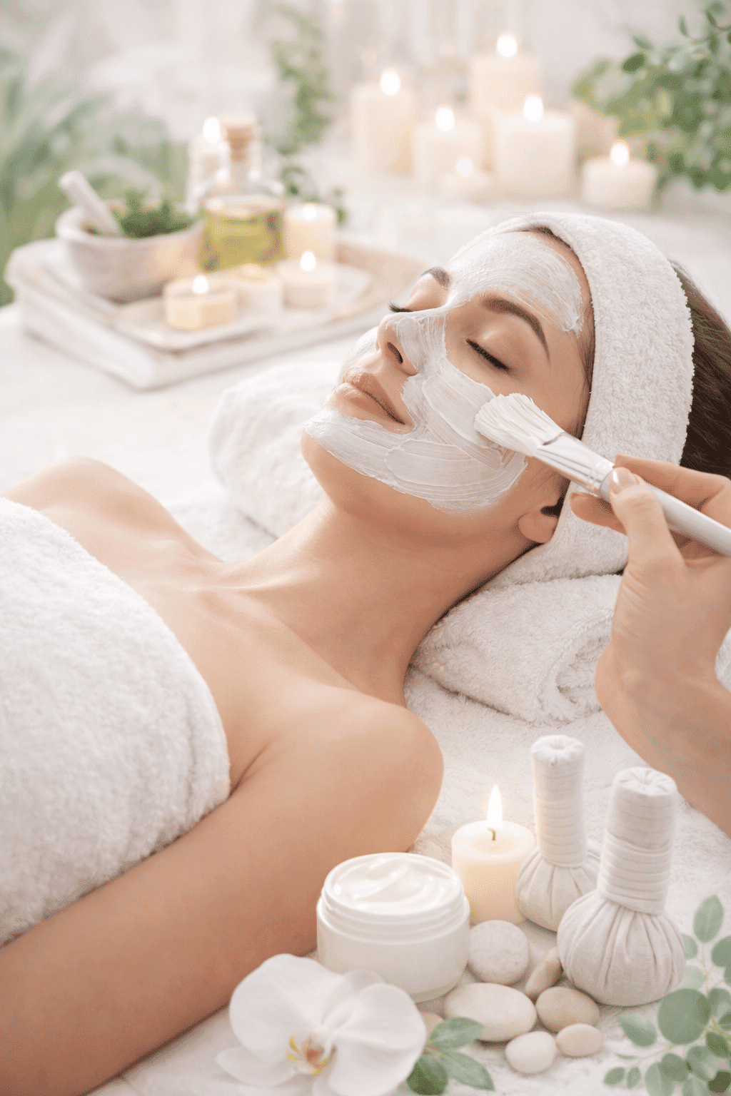 Woman relaxing with face mask applied in a serene spa setting with candles and towels.