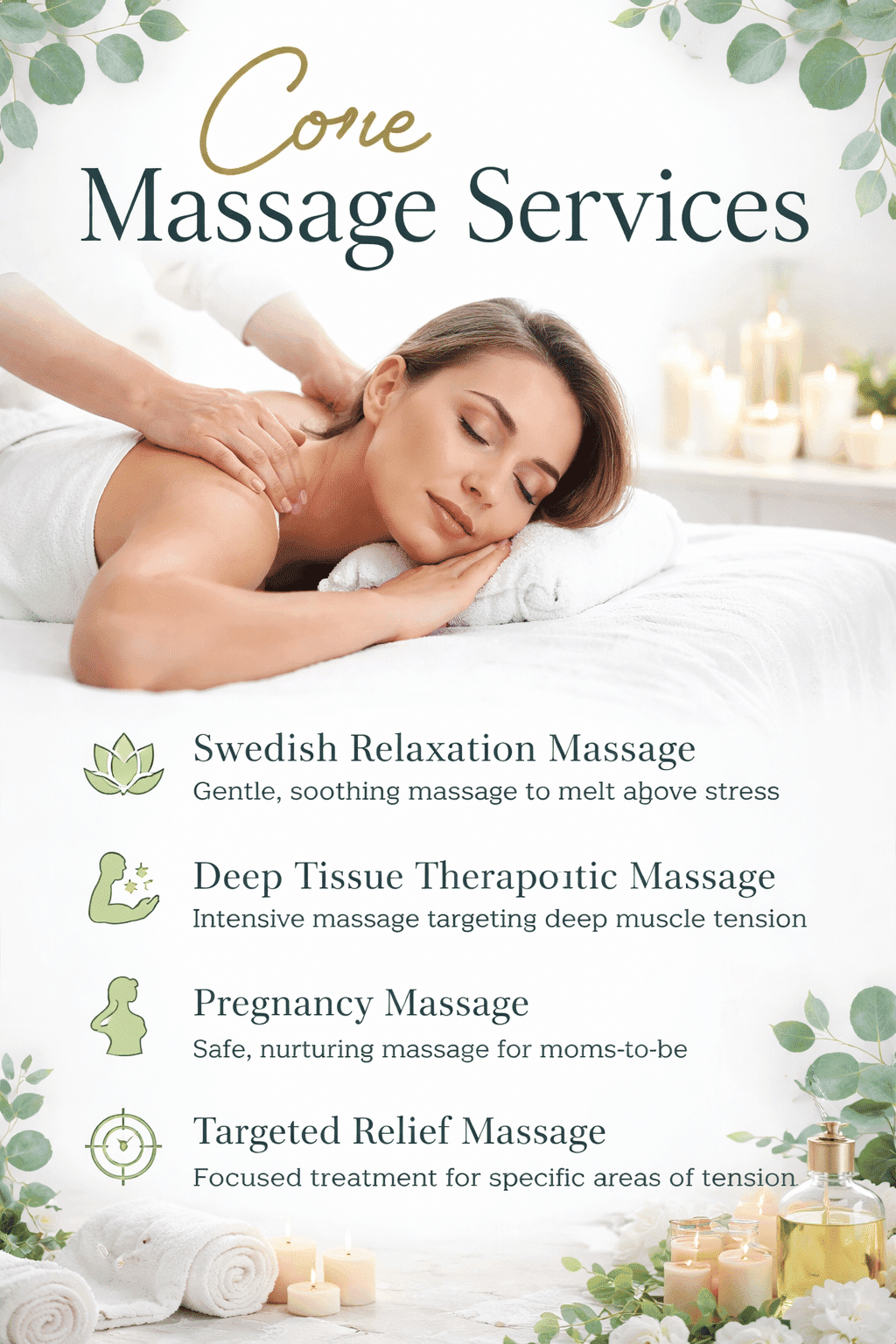 Woman relaxing with massage options: Swedish, Deep Tissue, Pregnancy, and Targeted Relief.